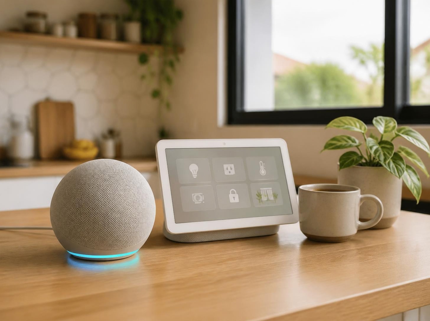 Assistente de voz e central com tela sobre a bancada, com atalhos de luz, tomada e temperatura