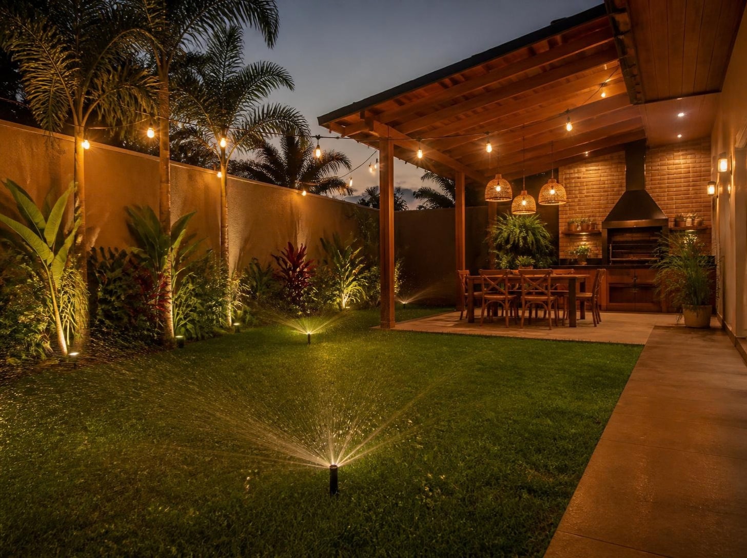 Quintal ao anoitecer com irrigação no gramado, luzes de jardim e área gourmet com churrasqueira