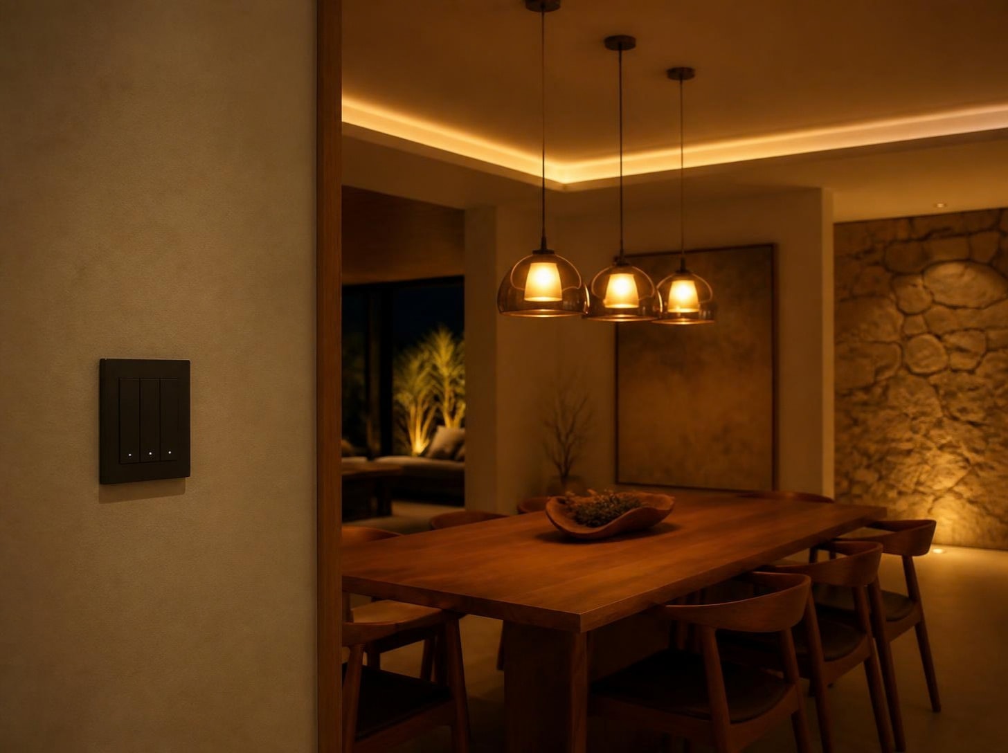 Sala de jantar com pendentes em luz baixa, fita de LED no teto e interruptor inteligente na parede